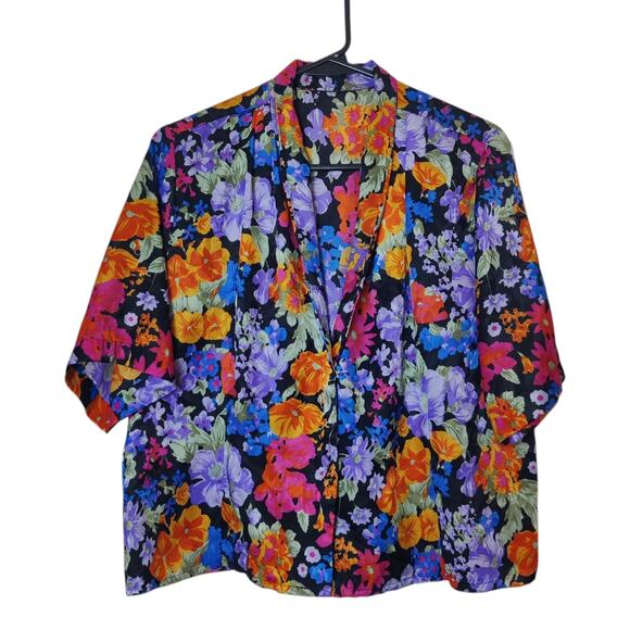 Vintage Vibrant Colorful Floral Satin Button From Short Sleeve Camp Shirt L/XL - Picture 1 of 8